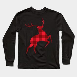 Christmas Deer in red plaid texture Long Sleeve T-Shirt